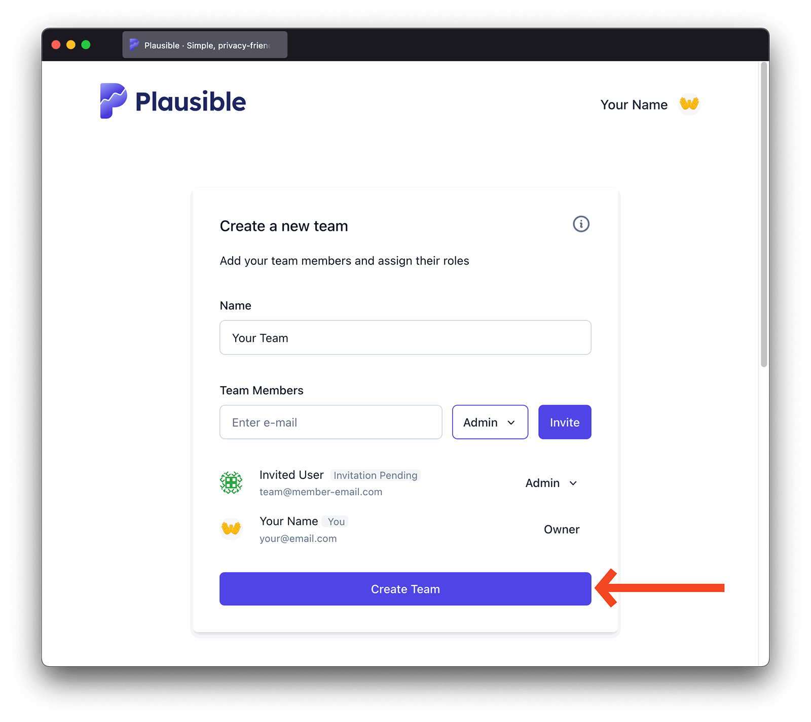 Create a team button